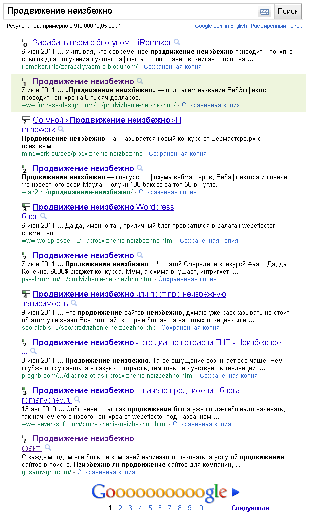 Промежуточные результаты конкурса «Продвижение неизбежно». 2-е место в выдаче Google.ru