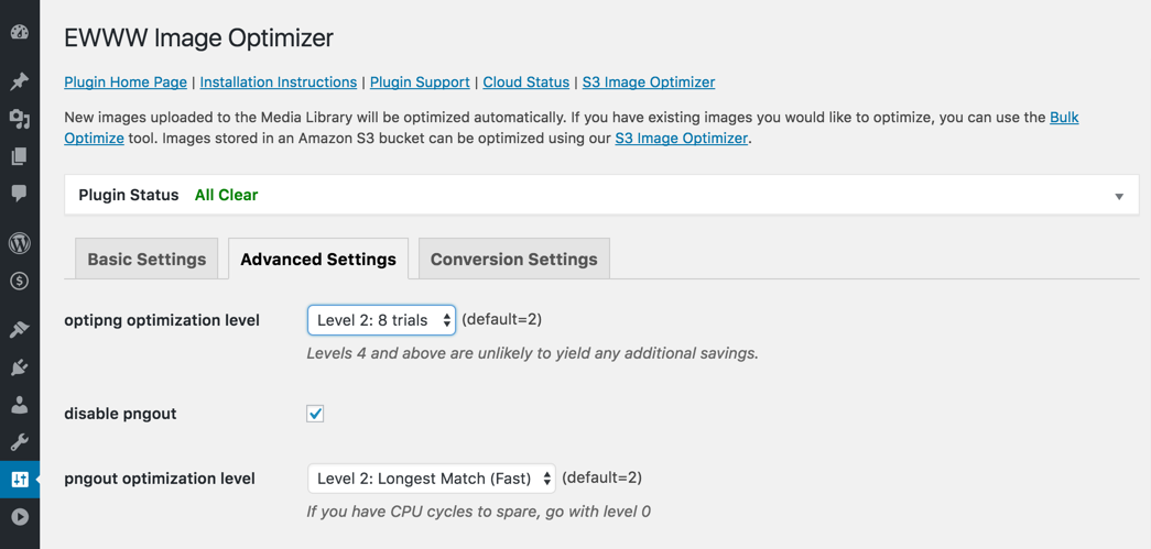 Настройки плагина EWWW Image Optimizer